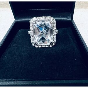 Vintage Monet Silver Tone Emerald Cut Crystal Halo Statement Cocktail Ring Size7